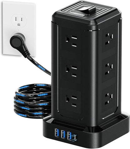NVEESHOX Surge Protector Power Strip Tower, 10 FT Flat Plug Extension Cord with 12 AC Outlets 4 USB Ports(20W PD Type C), Charging Station with Surge Protection for Family, Office, Dorm