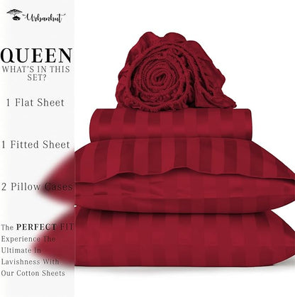 URBANHUT 800 Thread Count 100% Cotton Damask Queen Size Sheets, 4 Piece Striped Queen Size Bedsheets, Luxury Hotel Sheets Sateen Weave - Better Than Egyptian, 16" Elasticized Deep Pocket- Burgundy