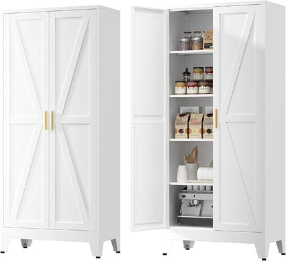Farmhouse Pantry Cabinet,71" H x 31.5" W,Metal Cabinet with Adjustable Shelves and Barn Doors,5-Tier Storage Cabinet for Kitchen Dining Room Garage,White
