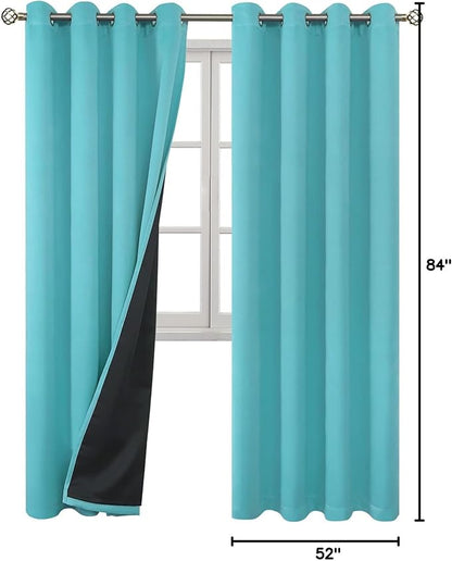 BGment 100% Blackout Curtains for Bedroom Window 84 Inch Length 2 Panels Set, Thermal Insulated Full Light Blocking Grommet Drapes for Living Room Darkening with Black Liner, 52 Inch Wide Each, Aqua