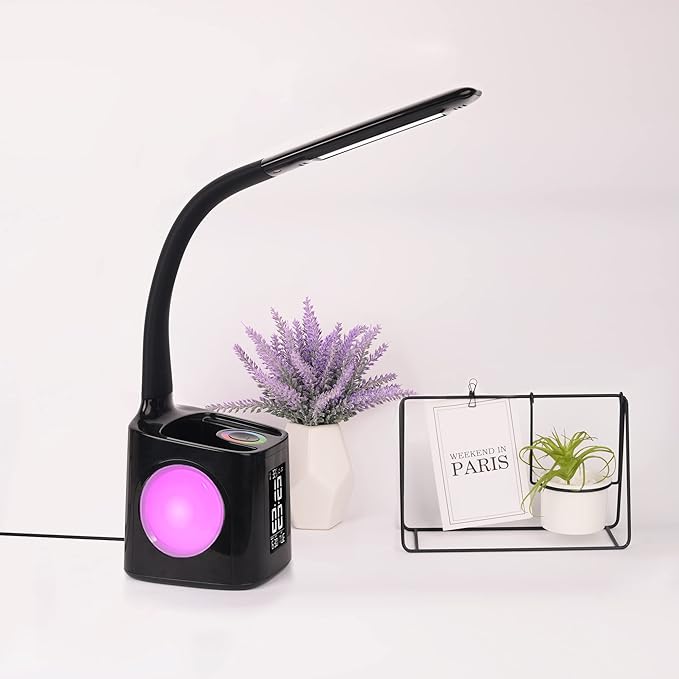 wanjiaone LED Desk Lamp with Clock,Color Changing Nightlight,Study Lamp with Pen Holder,Desk Light with USB Charger,Table Light for Home,Office,Gift for Kids,Students,Women,Black