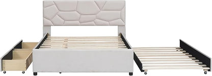 Full Size Bed Frame with Twin Size Trundle and 2 Storage Drawers,Linen Upholstered Platform Bed Frame Full with Brick Pattern Headboard,Solid Wood Slat Support,No Box Spring Needed,Beige