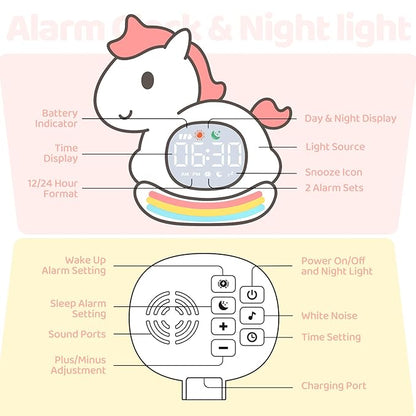 Alarm Clock with Night Light for Kids with Sleep Training and Sound Machine, Rechargeable Silicone Lamp OK to Wake Clock，Cute Animal Tabletop Lamp, Perfect Sleep Companion for Boys Girls,Pink Pony
