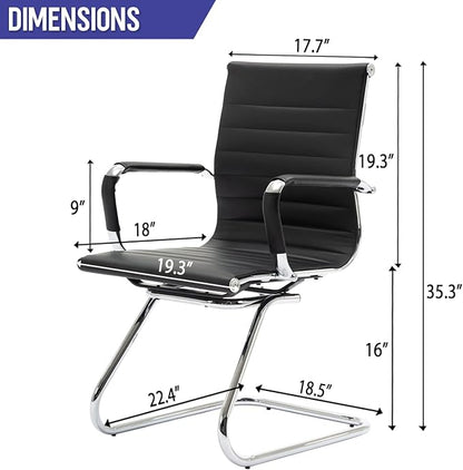 Wahson Office Guest Chairs Set of 2, Leather Reception Chairs, Mid Back Waiting Room Chair, Conference Chairs with Sled Base, Desk Chair No Wheels for Meeting/Lobby/Restroom, Black