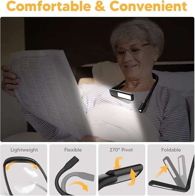 Neck Reading Light with Storage Case:10-80Hrs Eye-Friendly Rechargeable Book Lamp, Knitting Crochet Accessories Sewing Craft Light, Christmas Birthday Gifts for Book Lovers Readers Knitters Crafters