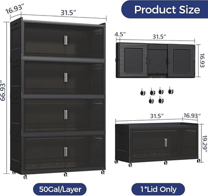 200GAL Extra Large Storage Bins with Lid, 800QT Collapsible Organizer with Wheels, Stackable Closet Cabinet with Doors, Folding Storage Containers for Home, Office, Kitchen, 4Pack Black