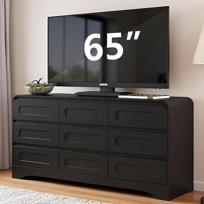 9 Drawer Dresser and Nightstand Sets for Bedroom, 3 Piece Bedroom Set, Wood 9 Drawer Dresser & Night Stand Set of 2, Large Chest of Drawers Modern Storage Cabinet Bedroom Furniture Set, Black