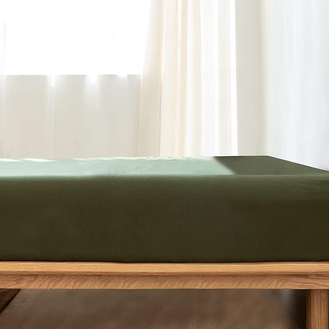 MooMee Fitted Bottom Sheet Only 100% Washed Cotton Linen Like Textured Breathable Durable Soft Comfy Deep Pocket Fits Mattress up to 17" (Olive Green, King)