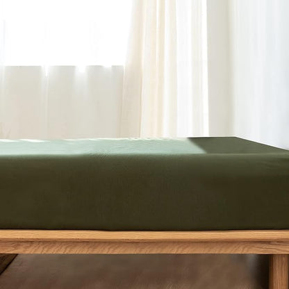 MooMee Fitted Bottom Sheet Only 100% Washed Cotton Linen Like Textured Breathable Durable Soft Comfy Deep Pocket Fits Mattress up to 17" (Olive Green, King)