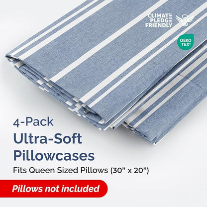 Queen Pillow Cases Set of 4 - Ultra Soft Hotel Quality Pillowcase Covers - Comfy, Cozy & Wrinkle Free - Shrinkage and Fade Resistant - Machine Washable Pillow Protectors - 4 Piece Set - Blue Stripes 3
