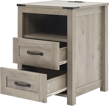 Puntogen Sierra Night Stand, Rustic End Table with Charging Station, Farmhouse Tall Nightstand for Bedroom, Drawer Dresser Bedside Table with Open Storage Shelf