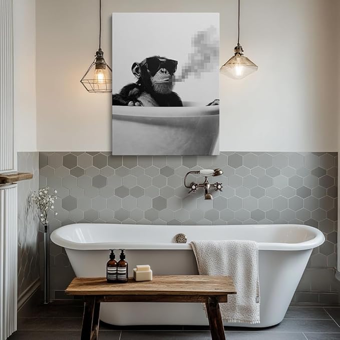 Pveror Black White Chimpanzee Wall Art Cool Monkey Canvas Artwork Modern Animal Portrait Print Trendy Home Decor for Office Bedroom Studio Man Cave Gift Single Panel 16x24 Inches