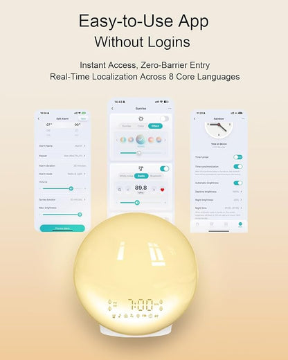 Smart Sunrise Alarm Clock with No Signup APP Control & Wake-Up Light, 4 Alarms, White Noise, FM Radio, Wireless Speaker, White