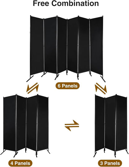 Large 6 Panel Freestanding Folding Room Divider with Support Base, 10FT Wide 6FT Tall Privacy Screen Partition Room Dividers with Freely Combined Connector, 119"x71", Black