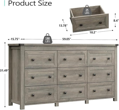 Dresser for Bedroom with 9 Drawers, Farmhouse Wood Chest of Drawers, Wide TV Stand Closet Storage Furniture with Metal Handle, Modern Clothes Organizer for Hallway, Living Room, Entryway, Light Grey