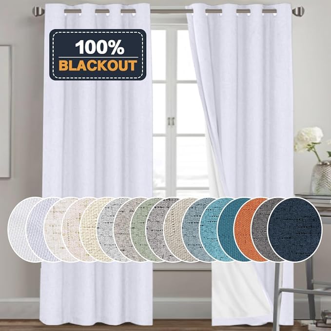 PrinceDeco White Blackout Curtains Linen Curtains 96 Inches Long 100% Blackout Room Darkening Curtains & Drapes with White Liner Faux Linen Fabric Window Curtain Panels for Living Room/Bedroom