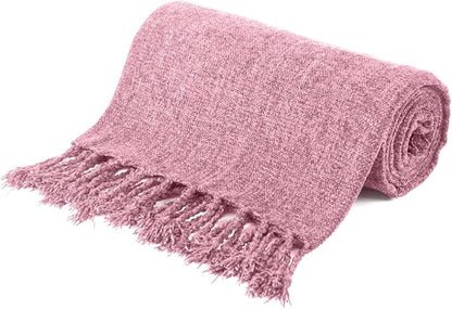 BATTILO HOME Chenille Throw Blanket for Couch, Soft Cozy Throw Blanket with Fringe Tassels, Lightweight Knitted Throw for Spring Summer, Pink, 50"x60"