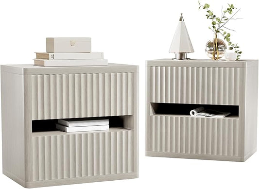 Dripex Fluted Nightstand Set of 2 with Drawers Storage, Large Wide Wood Night Stand Bedside Tables for Bedroom, Mid-Century Modern Bed Side Table, End Tables for Living Room Sofa Couch, Gray Oak