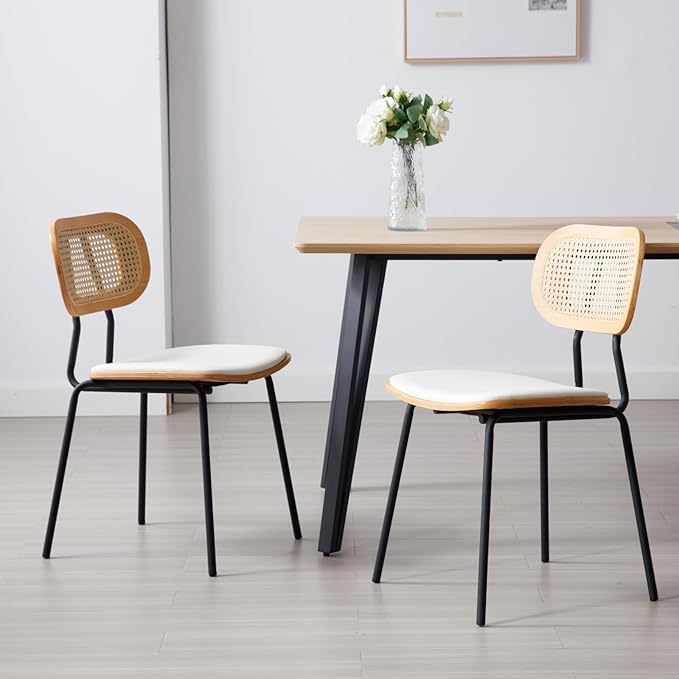 HEAH-YO Dining Chairs Set of 6, Upholstered Faux Leather Rattan Dining Chairs with Backrest and Metal Legs, Armless Kitchen Rattan Chairs for Dining Room, White