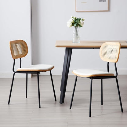 HEAH-YO Dining Chairs Set of 6, Upholstered Faux Leather Rattan Dining Chairs with Backrest and Metal Legs, Armless Kitchen Rattan Chairs for Dining Room, White
