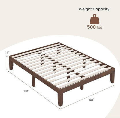 Giantex 14 Inch Queen Wood Platform Bed Frame, Minimalist Style Mattress Foundation with Solid Rubber Wood, Heavy Duty Slat Support, Without Headboard, Easy Assembly, No Box Spring Needed, Walnut
