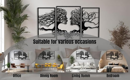 VAILLA Tree of Life Wall Wooden Art Abstract Tree Man Woman Face Large 3D Wooden Wall Decor Set of 3 Hanging Sculpture Modern Home Decoration 3D Textured Sculptures for Living Room Bedroom Office Dinnig Room (71"L x 39"W)