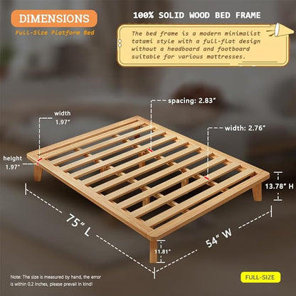 Full Platform Bed Base - 14 Inch Solid Wood Mattress Foundation with Support Slats and Legs, Full-Size Rubberwood Simple Bed Frame