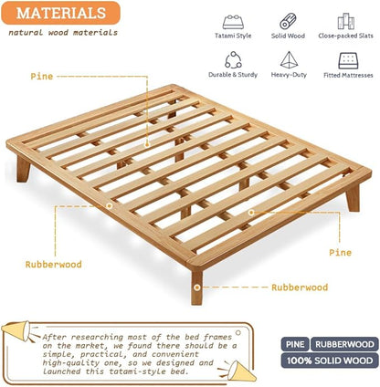 Twin-XL Platform Bed Base - 14 Inch Solid Wood Mattress Foundation with Support Slats and Legs, Twin XL Size Rubberwood Simple Bed Frame