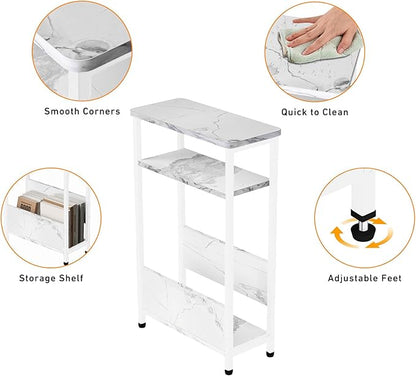 THUMEYE 7.1" Narrow Side Table for Small Spaces, 3 Tier Small End Table with Magazine Holder, Slim/Skinny Nightstand/Bedside Table, 15.4" L x 24.2" H, Faux White Marble with White Legs