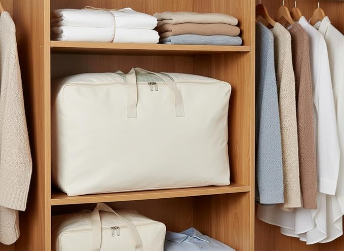 Soft Large Canvas Comforter Storage Bags with Four Carrying Handles and Clear Window, Closet Organizer for Clothing, Blankets Sheets Pillows and Bedding, 80L, 3 Pack, White
