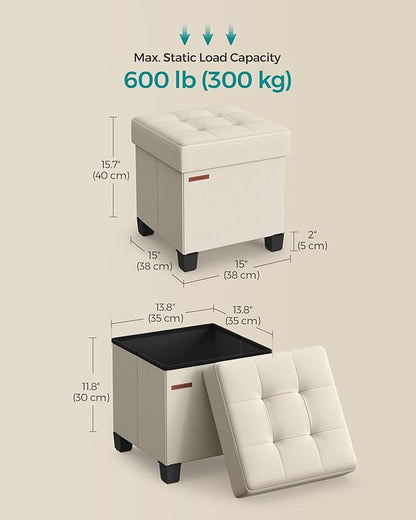 SONGMICS Storage Ottoman, Small Ottoman Foot Rest with Legs, 15 x 15 x 15.7 Inches Foot Stool, Load up to 660 lb, for Living Room, Bedroom, Dorm, Cream White ULSF014W01