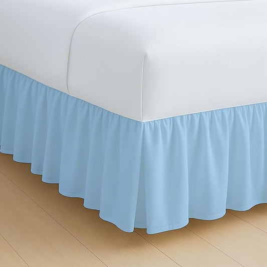 Rajlinen Ruffled Bed Skirt Queen, 10 Inch Drop Dust Ruffle with Split Corners, 100% Microfiber Bedskirt with Platform, Three-Sided Coverage Ruffled Gathering Design, Light Blue