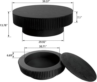 LKTART Round Coffee Table for Living Room, Accent Fluted Drum Coffee Table with Storage, Modern Solid Wood Veneered Circle Center Tea Table for Small Space Apartment (39.4''D×14''H-Black)