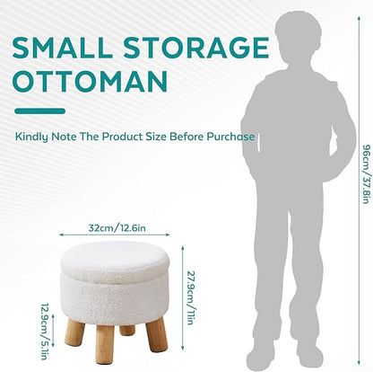 FIMIVIBI Small Ottoman with Storage, Small Storage Ottoman Round, Sherpa Foot Stool with Legs, Ottomans and Footstools for Living Room and Entryway (White)