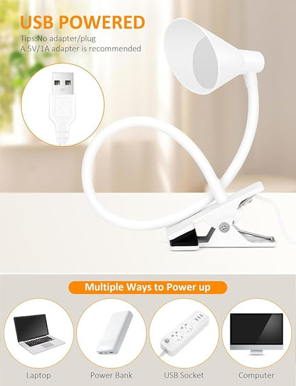 Clip on Light USB Reading Light, Eye Care Dimmable Reading Lamp Flexible Goose Neck Clip on Lamp for Bed Headboard Desk Bedside Dorm - White
