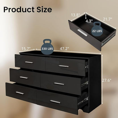 Karl home 6 Drawer Dresser, Wood Black Vanity Drawer Cabinet, Bedroom Storage Cabinet TV Stand, Large Dresser Storage Chest with Deep Drawers, Bedroom Furniture, 47.2×27.6×15.7 inches