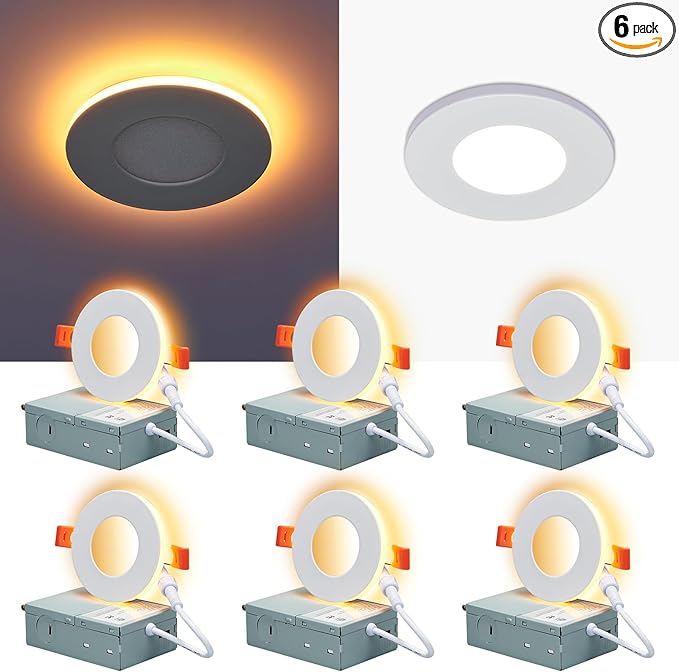 CycevSun 3 Inch LED Recessed Lights with Night Light, Dimmable & 5CCT Selectable Canless Outdoor Soffit, Downlight Wafer Pot Light, 6W, ETL, IC Rated, 6 Pack