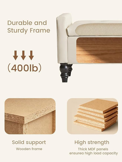 47" Storage Ottoman Bench, End of Bed Bench for Bedroom, Leather Upholstered Ottoman with Storage for Living Room, Entryway, Window (Beige)