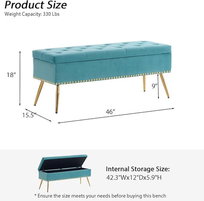 Velvet Storage Bench with Gold Legs& Nailhead Trim, 46" Wide Upholstered Modern Bedroom Bench for End of Bed, Tufted Ottoman for Entryway Living Room Dining Room (Sage Green, 46" Wide)