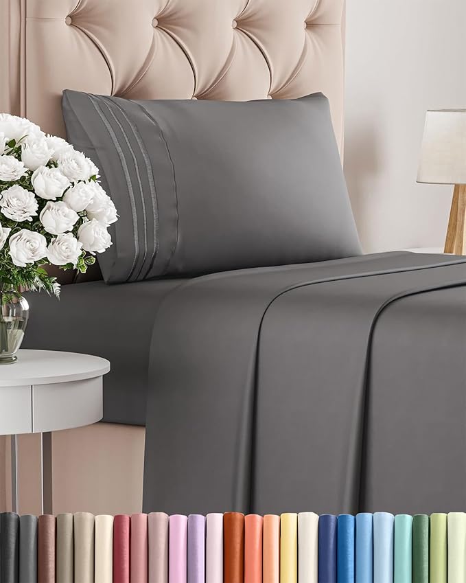 Twin Size 3 Piece Sheet Set - Comfy Breathable & Cooling Bed Sheets Set - Hotel Luxury Bedding for Women, Men, Kids, Teens, Boys & Girls - Deep Pockets, Ultra-Soft, Wrinkle Free - Oeko-Tex - Dark Grey
