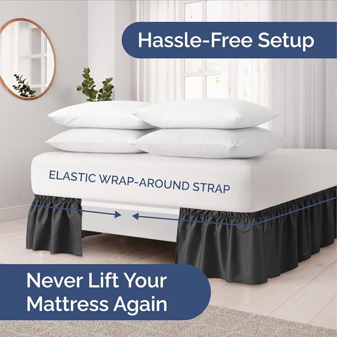 Wrap Around Dust Ruffle Bed Skirt - Black - for King Size Beds w/ 14 Inch Drop - Easy Fit Elastic Strap - Adjustable Pleated Bedskirt w/Brushed Fabric, Wrinkle & Fade Free Women, Men, Kids & Teens