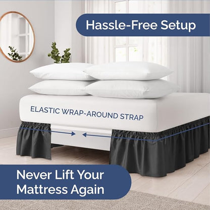 Wrap Around Dust Ruffle Bed Skirt - Black - for Full Size Beds with 21 Inch Drop - Easy Fit Elastic Strap - Adjustable Pleated Bedskirt w/Brushed Fabric - Wrinkle Free - for Women, Men, Kids & Teens