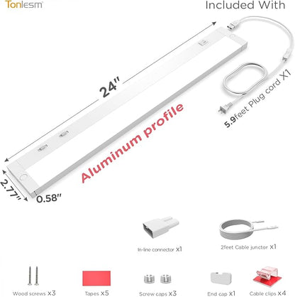 24 Inch Under Cabinet Lighting Plug in, 14W 120V 3 Color 3000K/4000K/5000K, 3 Brightness, Super Bright, Ultra Thin Under Counter Lights for Kitchen, Linkable LED Cabinet Light, White
