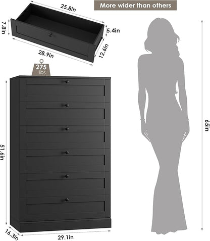 HOSTACK 6 Drawer Dresser for Bedroom, 52" Tall Dresser & Chest of Drawers, 29" W Wood Drawer Chest, Modern Vertical Storage Cabinet for Living Room, Entryway, Hallway, Black