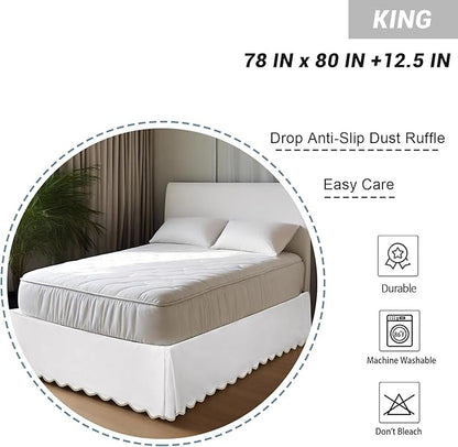 HIG King Bed Skirt - Easy Fit Scallop Edge Pleated Bedskirts with Spilt Coner, 12 Inch Drop Anti-Slip Dust Ruffle, Thick Fabric for Enhanced Privacy, Pre-Washed for Long-Lasting Use, Machine Washable
