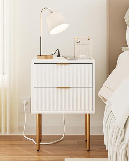 Masupu Nightstand with Charging Station,Mid-Century Modern Bedside Table with 2 Storage Drawer,Small Gold Frame Side End Table for Bedroom,Living Room (White)