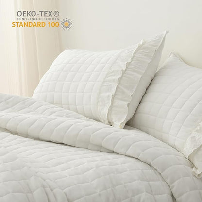 HORIMOTE HOME Ivory Ruffled Quilt Set King Size, Classic Geometric Square Stitched Pattern, Pre-Washed Farmhouse Shabby Chic Microfiber Lightweight Bedding Set Bedspread Coverlet for All Season