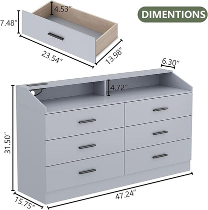 6 Drawer Dresser with Power Outlet, Chest of Drawer with LED Light, Modern Dresser with Open Storage Cubby, Double Wide Dressers Organizer for Bedroom, Living Room, Entryway, Hallway (Grey, 6 Drawers)