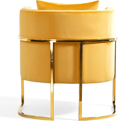Velvet Modern Accent Chair, Upholstered Barrel Armchair Mid Century with Pillow for Living Room, Comfy Single Vanity Chair with Metal Gold Legs for Bedroom, Yellow