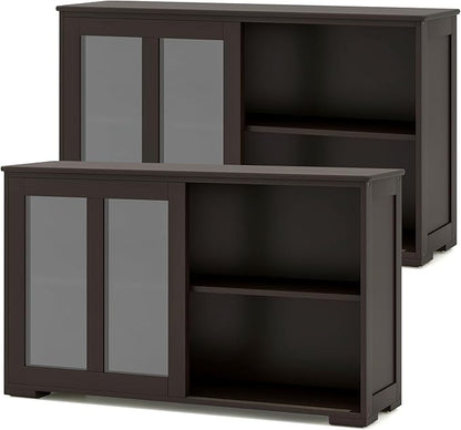 Costzon 2-Pack Wooden Kitchen Storage Cabinet with Adjustable Shelf, Sliding Glass Doors, Accent Coffee Bar Cabinet Console Table for Living Room, Dining Room, Hallway